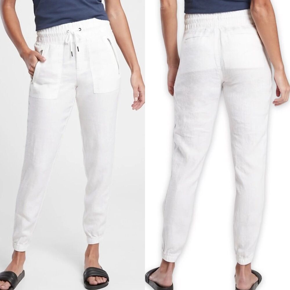 Athleta Women Size 6 White Cabo Linen Jogger Pants Resort Vacation Beach Travel